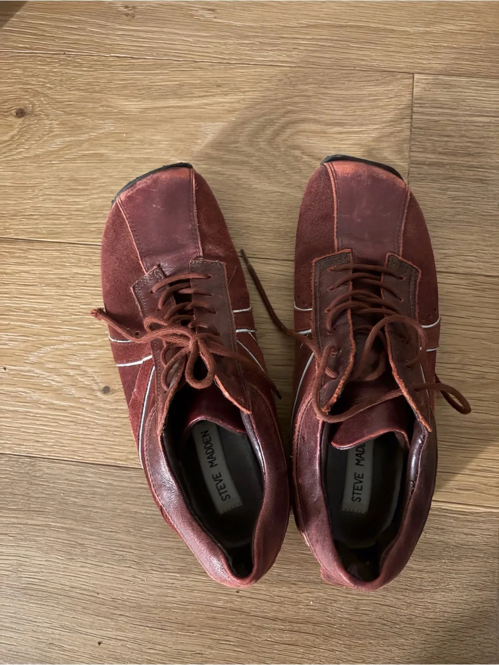 Steve Madden women’s Burgundy Suede Lace-Up Sneakers with White Accent